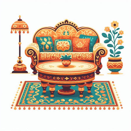 Luxury armchair with pillows on the carpet. Vector illustration.のイラスト素材