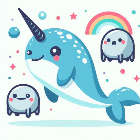 Cute cartoon narwhal with rainbows. Vector illustration.のイラスト素材