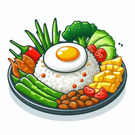 Rice with fried egg and vegetables on plate. Vector illustration.のイラスト素材