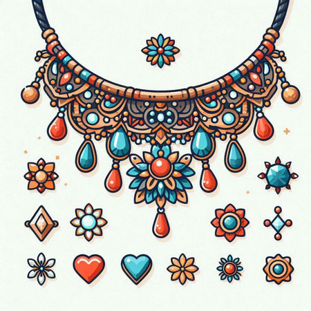 Hand drawn boho style necklace and earrings set. Vector illustration.のイラスト素材