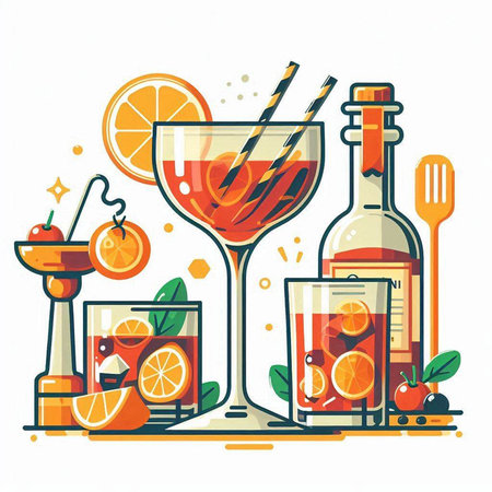 Alcoholic cocktails with fruits and berries. Vector illustration in flat styleのイラスト素材
