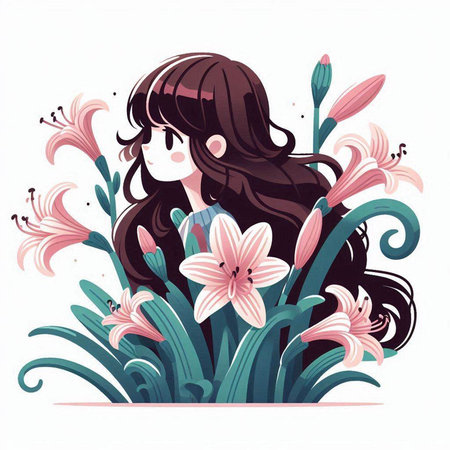 Beautiful girl with lily flowers. Hand drawn vector illustration.のイラスト素材