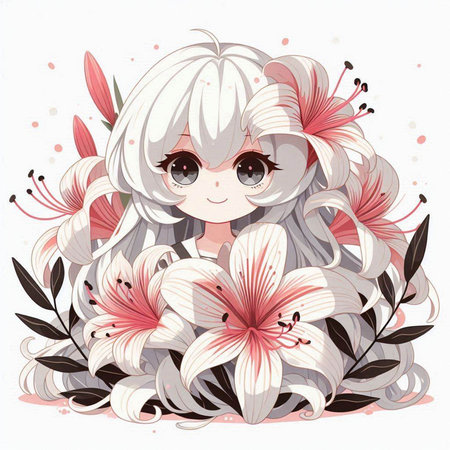 Cute little girl with lily flowers. Hand drawn vector illustration.のイラスト素材