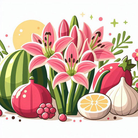 Cute floral background with flowers and fruits. Hand drawn vector illustration.のイラスト素材
