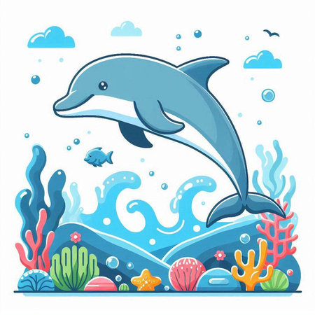 Dolphin swimming in the sea. Cute cartoon character. Vector illustration.のイラスト素材