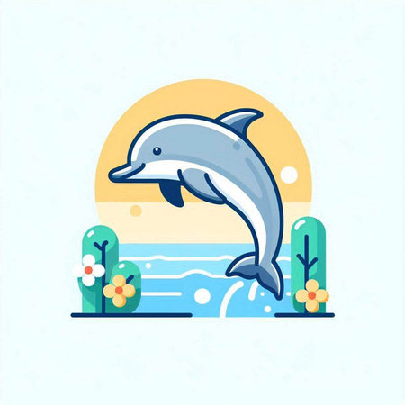 Dolphin jumping on the beach. Vector illustration in flat style.のイラスト素材