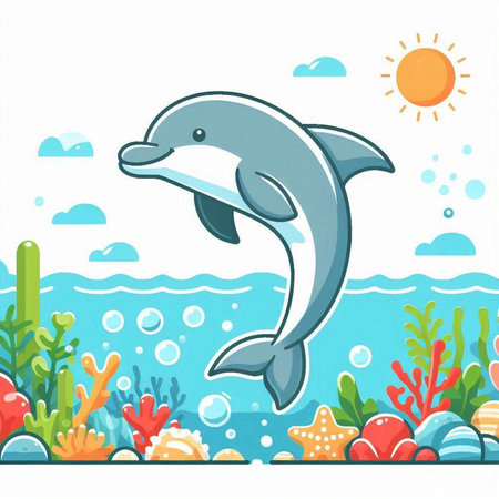 Cartoon dolphin on the background of the sea, vector illustration.のイラスト素材