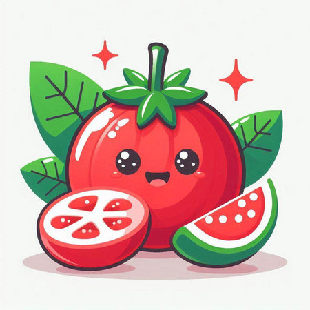 Cute kawaii tomato character with watermelon slices. Vector illustrationのイラスト素材