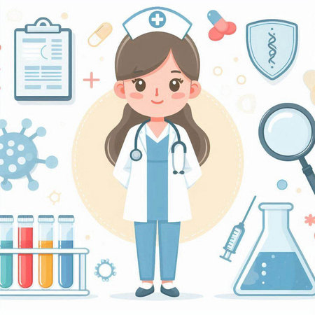 Female doctor cartoon character with medical icons. Vector illustration in flat styleのイラスト素材