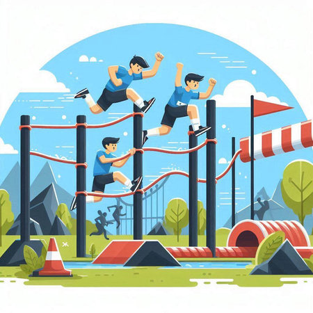 Vector illustration of people jumping over obstacles. Flat style vector illustration.のイラスト素材