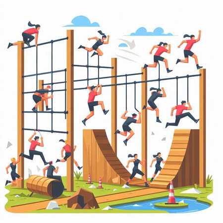 Vector illustration of a group of people jumping on an obstacle course.のイラスト素材
