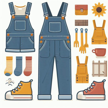 Set of denim overalls and accessories. Vector illustration in flat style.のイラスト素材