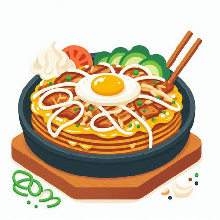Illustration of japanese udon noodles with fried egg and vegetablesのイラスト素材