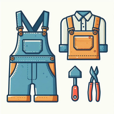 Vector illustration of work clothes and tools in doodle style.のイラスト素材
