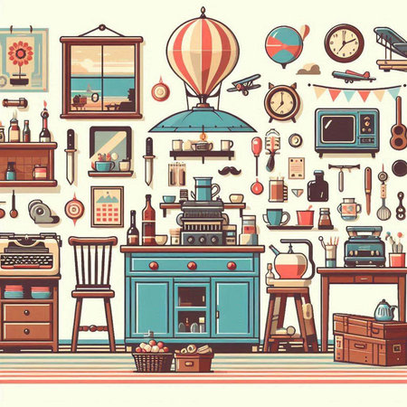 Coffee shop interior with furniture and equipment. Vintage vector illustration.のイラスト素材