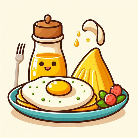 Fried egg with kawaii breakfast character. Vector illustration.のイラスト素材