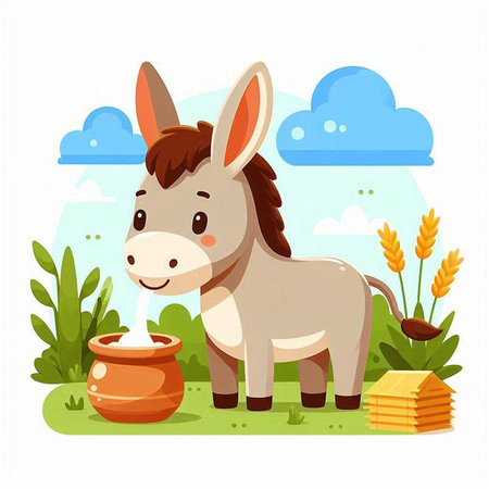 Donkey drinking milk in the field. Vector illustration in cartoon styleのイラスト素材