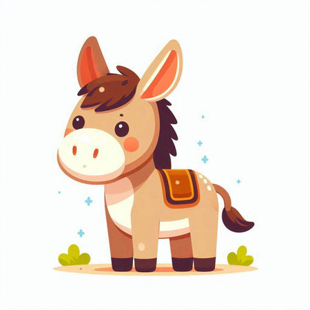 Cute cartoon donkey on white background. Vector illustration in flat style.のイラスト素材