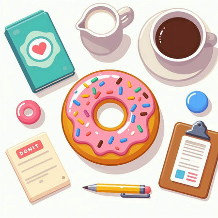 Illustration of donut, cup of coffee, notepad, pen and mobile phoneのイラスト素材