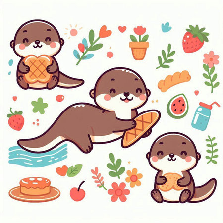 Set of cute cartoon otters with different food. Vector illustration.のイラスト素材