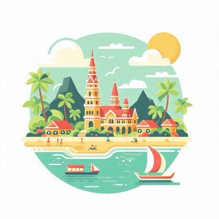 Tropical island with palm trees, boats and ships. Vector illustration.のイラスト素材