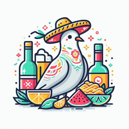 Vector illustration of a white dove with a sombrero on her head, a bottle of wine, lime, lemon, grapefruit, orange, watermelon.のイラスト素材