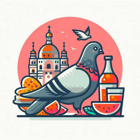 Pigeon with a bottle of wine and food. Vector illustration.のイラスト素材