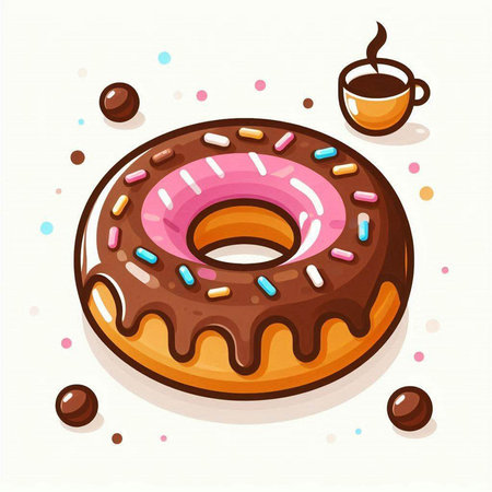 Donut with chocolate and a cup of coffee. Vector illustration.のイラスト素材