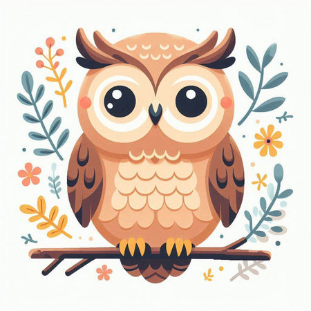 Cute cartoon owl sitting on a branch with flowers. Vector illustration.のイラスト素材