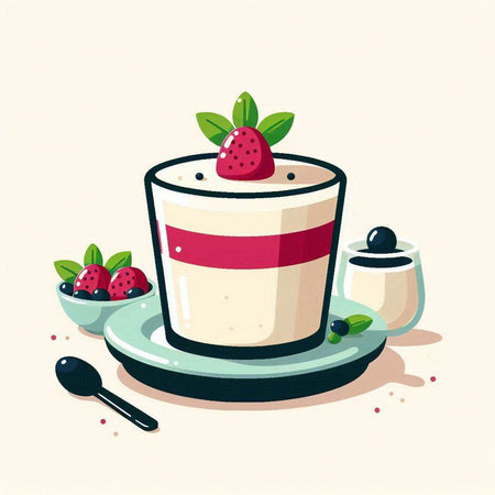 Cup of coffee with whipped cream and strawberries. Vector illustration.のイラスト素材