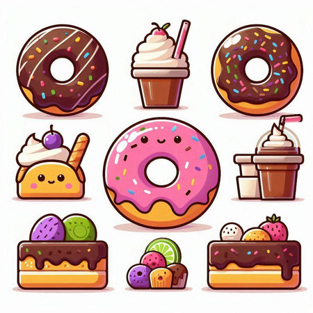 Cartoon donuts icons set. Vector illustration isolated on white background.のイラスト素材