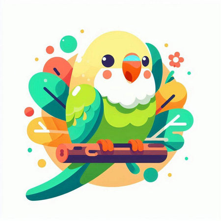 Cute green parrot sitting on a branch. Vector illustration.のイラスト素材
