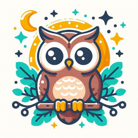 Cute cartoon owl with a crescent moon. Vector illustration.のイラスト素材
