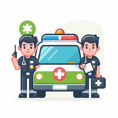 Vector illustration of two doctors and ambulance car. Flat style design.のイラスト素材