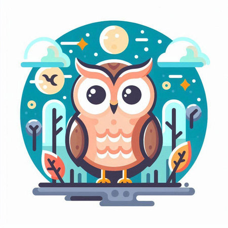 Owl on the background of nature. Vector illustration in flat style.のイラスト素材
