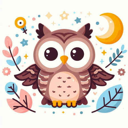 Cute owl with flowers and moon on white background. Vector illustration.のイラスト素材