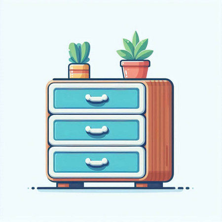 Cabinet with drawers and potted plants. Vector illustration.のイラスト素材