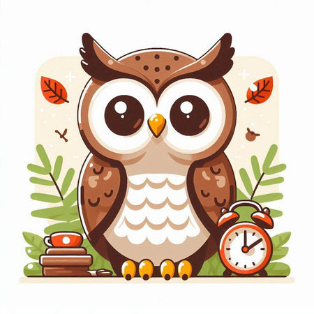 Cute owl with alarm clock. Vector illustration in cartoon style.のイラスト素材