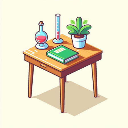 School desk with books, test tubes and plants. Vector illustration.のイラスト素材