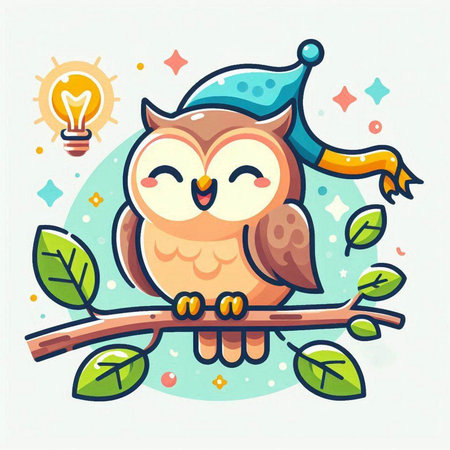 Cute owl with a light bulb on a branch. Vector illustration.のイラスト素材