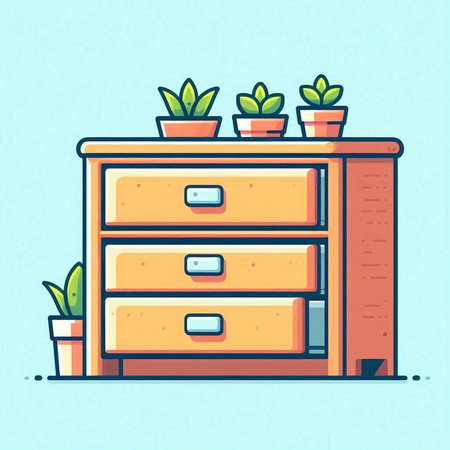 Illustration of a chest of drawers with plants on a blue backgroundのイラスト素材