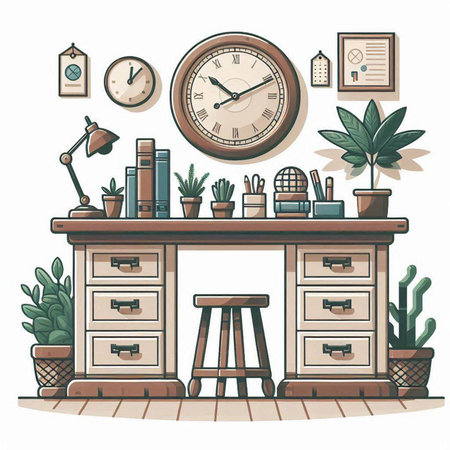 Illustration of a wooden desk with a clock, books, potted plants and other objectsのイラスト素材