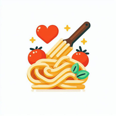 Spaghetti with tomato sauce on white background. Vector illustration in flat style.のイラスト素材