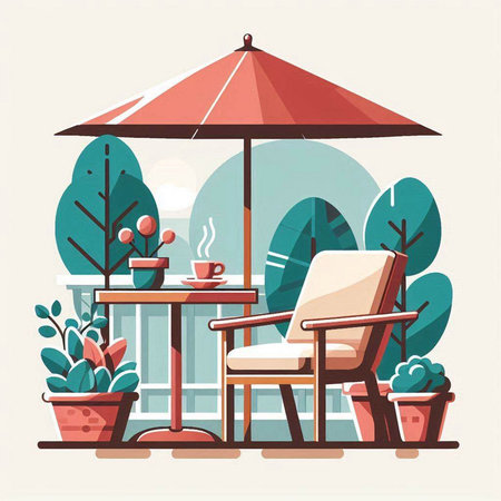 Cafe terrace with table and chair. Vector illustration in flat styleのイラスト素材