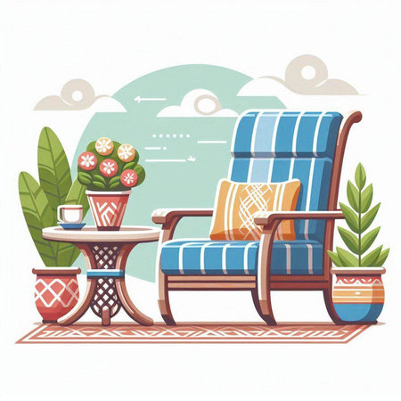 Vector illustration of a cozy armchair on the terrace in a flat styleのイラスト素材
