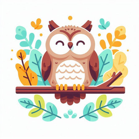 Cute cartoon owl sitting on a tree branch. Vector illustration.のイラスト素材