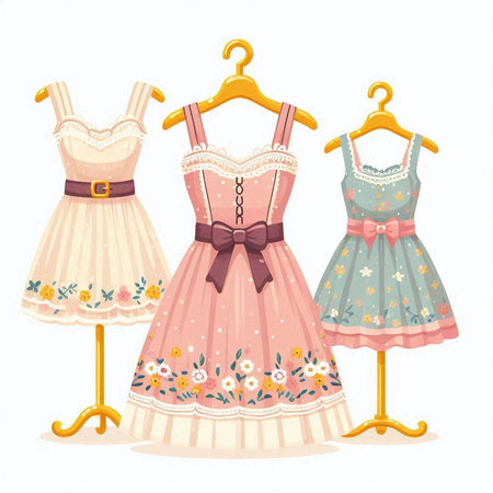 Women's dresses on a hanger isolated on white background. Vector illustration.のイラスト素材