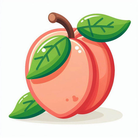Peach with leaves isolated on white background. Vector cartoon illustration.のイラスト素材