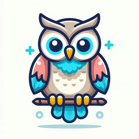 Cute cartoon owl with blue eyes. Vector illustration isolated on white background.のイラスト素材