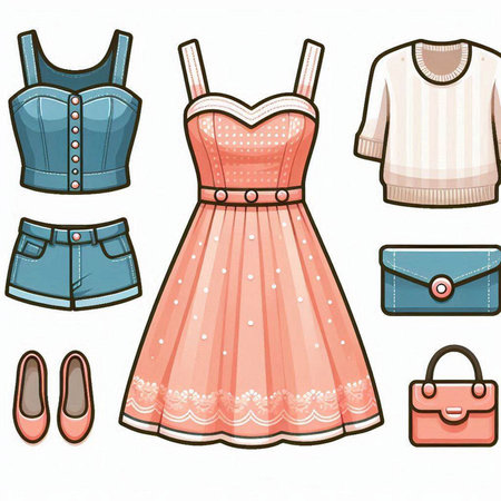 Women's clothes and accessories on a white background. Vector illustration.のイラスト素材